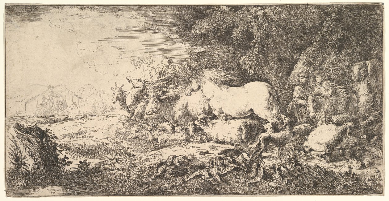 Når dyrene går inn i Noahs ark, følger tre menn firbeinte og fugler i strid..., ca. 1650-55. av Giovanni Benedetto Castiglione