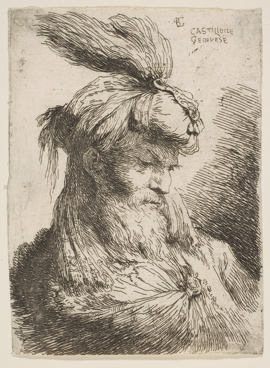 Hodet til en skjeggete mann med turban mot høyre, fra serien med små hoder..., ca. 1645-1650. av Giovanni Benedetto Castiglione
