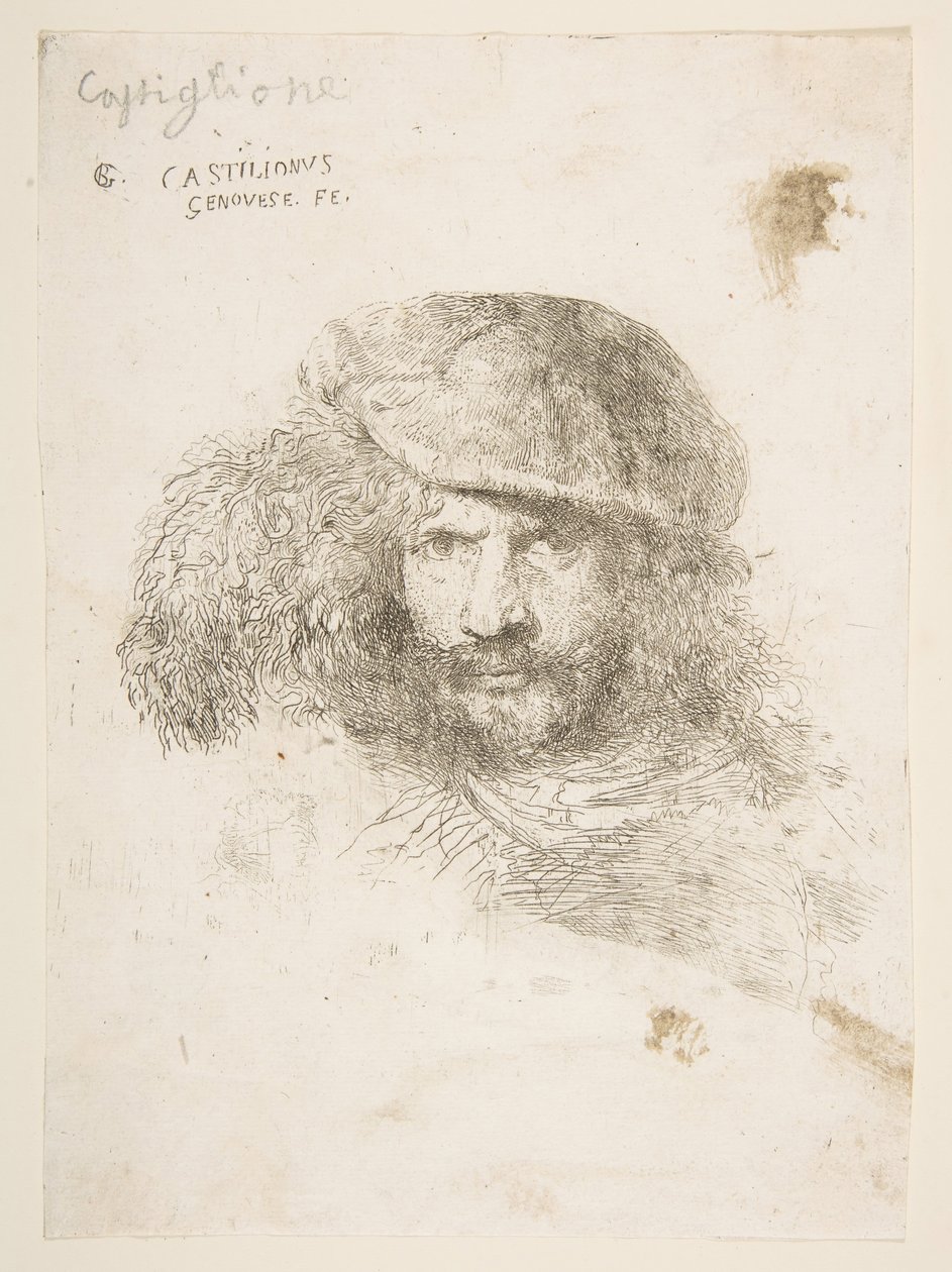 Hodet til en mann iført en fjærkledd cap, muligens Bernini, muligens et selvportrett..., ca. 1645-1650. av Giovanni Benedetto Castiglione