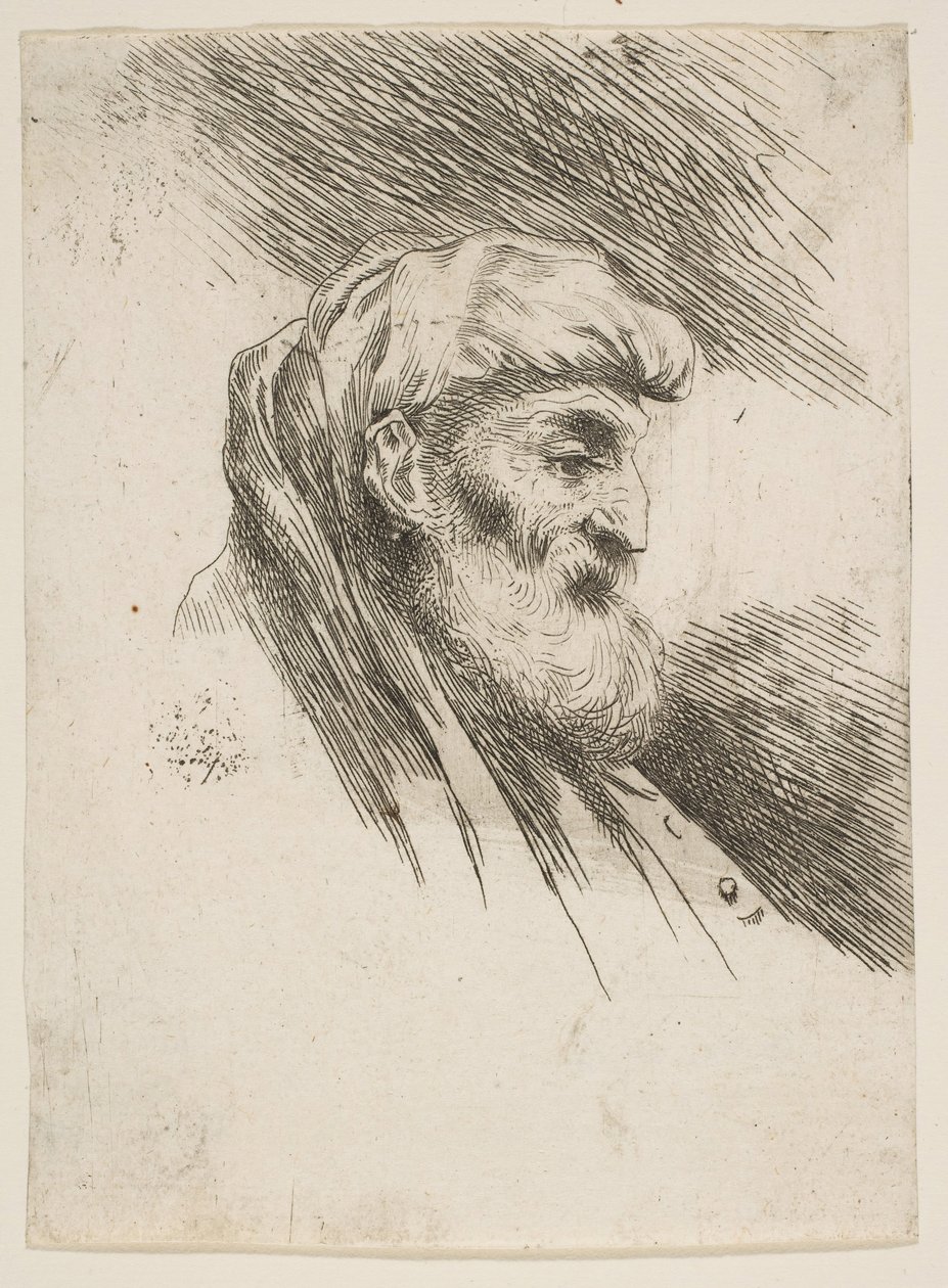 Hodet til en gammel skjeggete mann vendt mot høyre, fra serien med Small Heads in Orien..., ca. 1645-1650. av Giovanni Benedetto Castiglione
