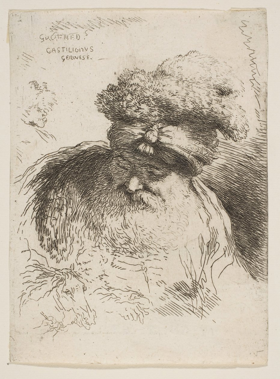 Hodet til en gammel skjeggete mann med turban, fra serien Small Heads in Orie..., ca. 1645-1650. av Giovanni Benedetto Castiglione