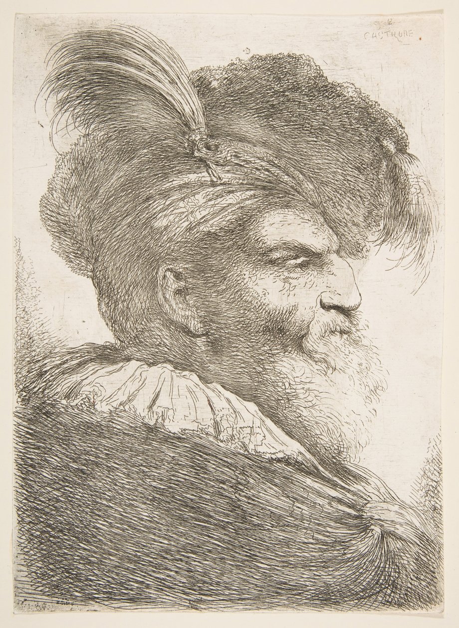 Hodet til en gammel mann vendt mot høyre, fra serien med store orientalske hoder, ca. 1645-1650. av Giovanni Benedetto Castiglione