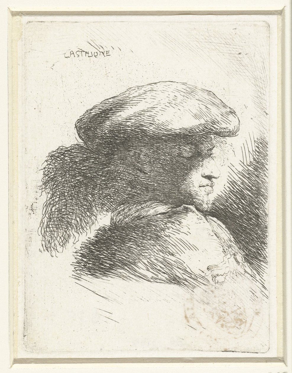 Hodet til en ung mann med en hatt med en fjær Liten studie av hoder med orientalsk hodeplagg (serietittel) av Giovanni Benedetto Castiglione