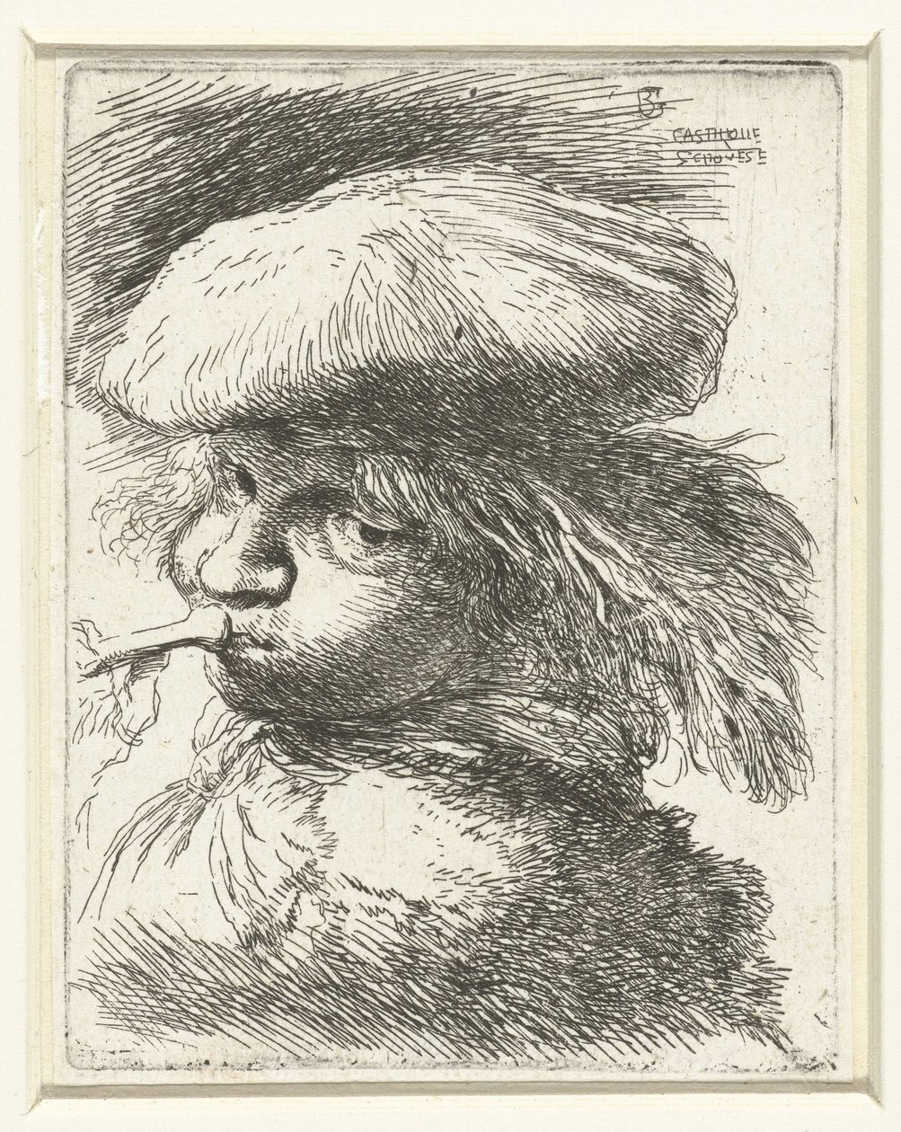 Hodet til en gutt som blåser i trompet Liten studie av hoder med orientalsk hodeplagg (serietittel) av Giovanni Benedetto Castiglione