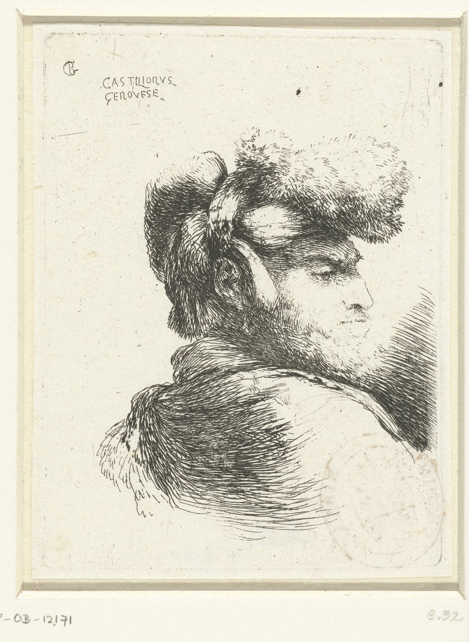 Hodet til en mann med en hatt trimmet med pels Liten studie av hoder med orientalsk hodeplagg (serietittel) av Giovanni Benedetto Castiglione