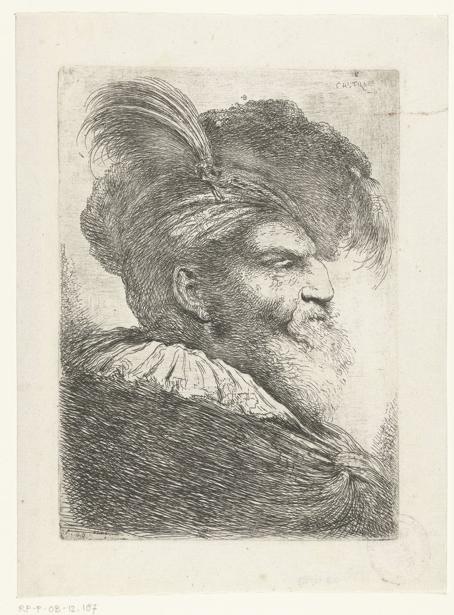 Hodet til en mann med turban og pelslue Stor studie av hoder med orientalsk hodeplagg (serietittel) av Giovanni Benedetto Castiglione