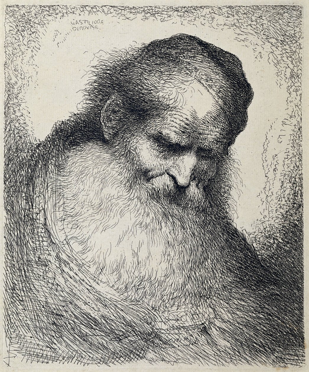 Hodet til en sovende gammel mann Stor studie av hoder med orientalsk hodeplagg (serietittel) av Giovanni Benedetto Castiglione