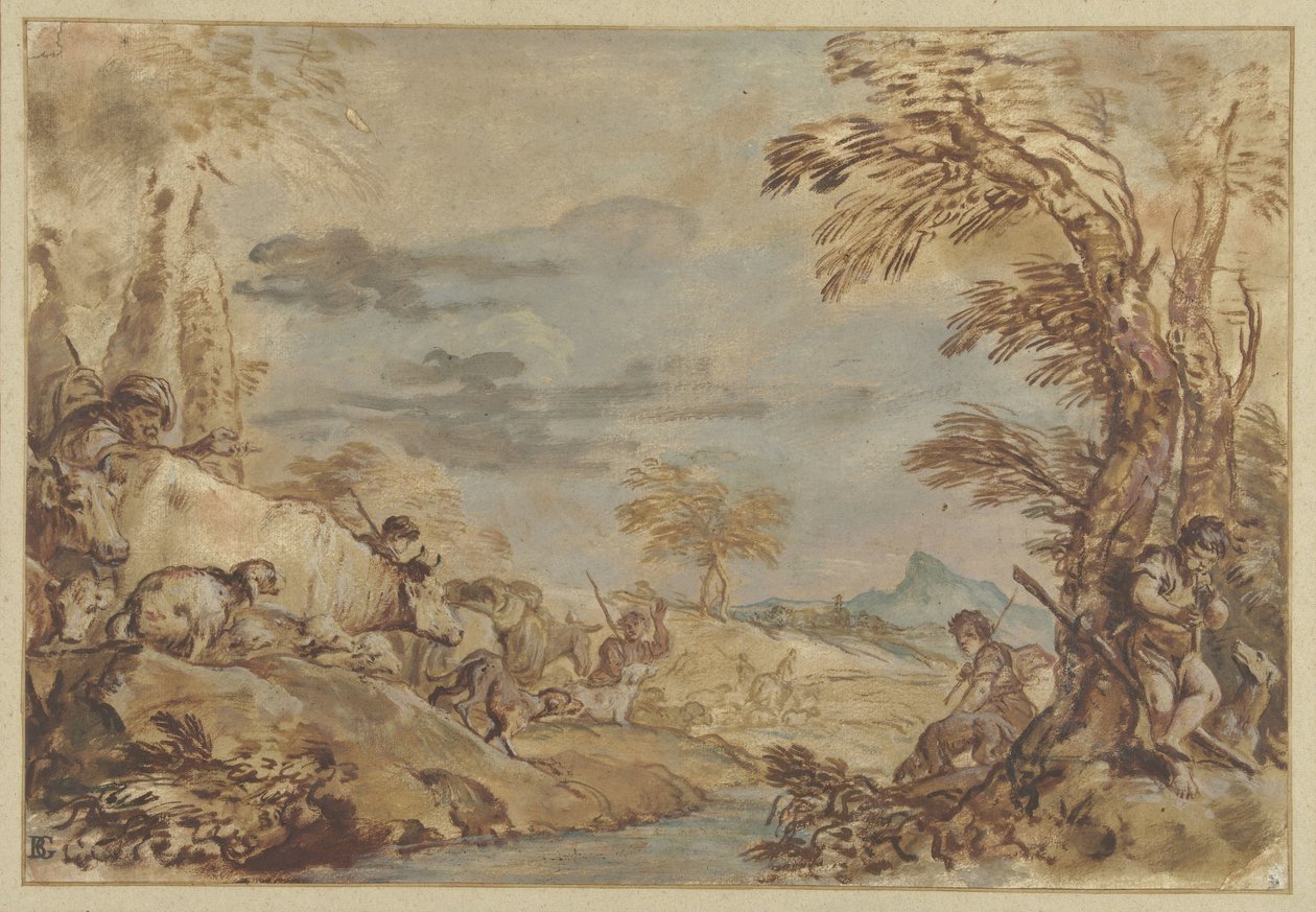 Landskap med trekkende flokker av Giovanni Benedetto Castiglione
