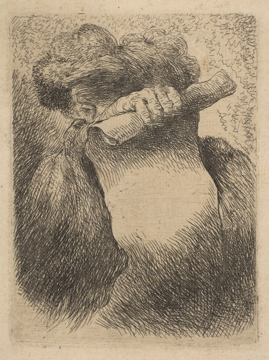 Mann som holder en rulle foran ansiktet, fra serien Small Heads in Orien..., ca. 1645-50. av Giovanni Benedetto Castiglione