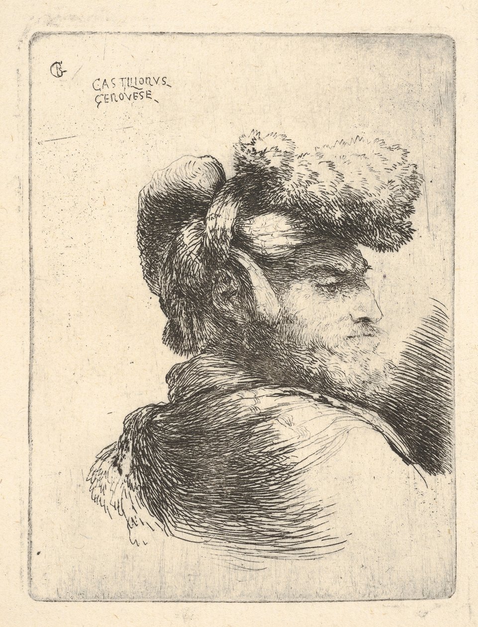 Mann i profil vendt mot høyre, iført pelslue, fra serie Small Heads i Or..., ca. 1645-1650. av Giovanni Benedetto Castiglione