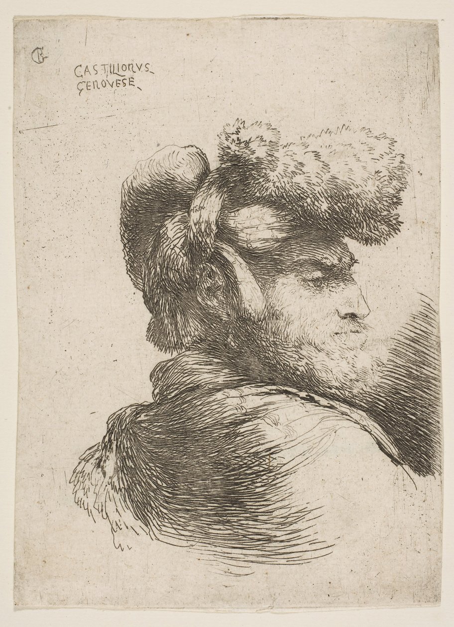 Mann i profil vendt mot høyre, iført pelslue, fra serie Small Heads i Or..., ca. 1645-1650. av Giovanni Benedetto Castiglione