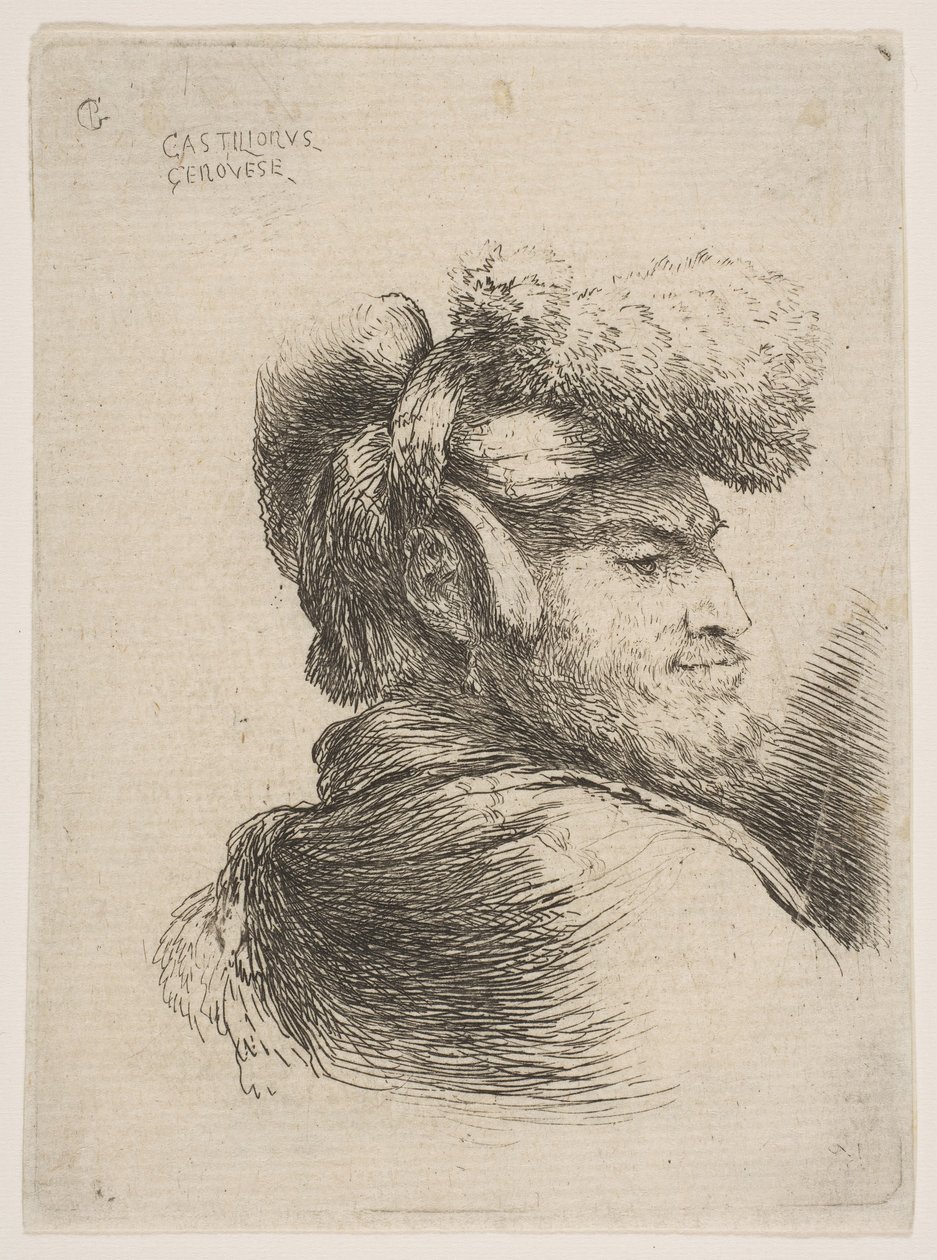 Mann i profil vendt mot høyre, iført pelslue, fra serien Small Heads in Orie..., ca. 1645-50. av Giovanni Benedetto Castiglione