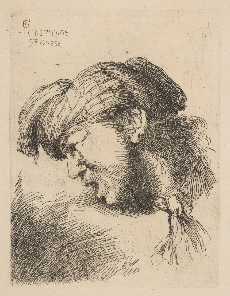 Mann med turban, et slips festet rundt halsen, vendt mot venstre, fra serien ..., ca. 1645-50. av Giovanni Benedetto Castiglione