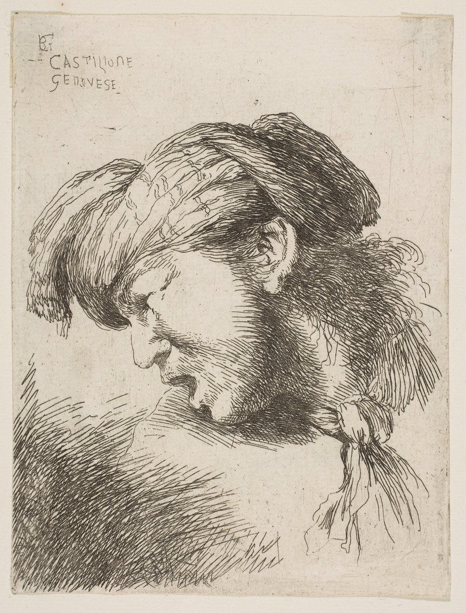 Mann iført turban, et slips festet rundt halsen, vendt mot venstre, fra serien av..., 1645-1650. av Giovanni Benedetto Castiglione