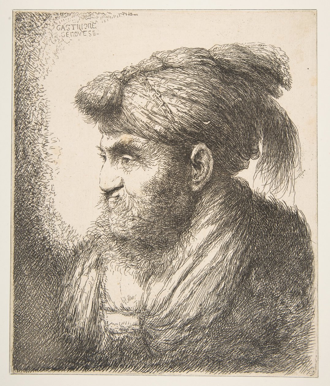 Mann med turban vendt mot venstre, fra serien Large Oriental Heads, ca. 1645-50. av Giovanni Benedetto Castiglione