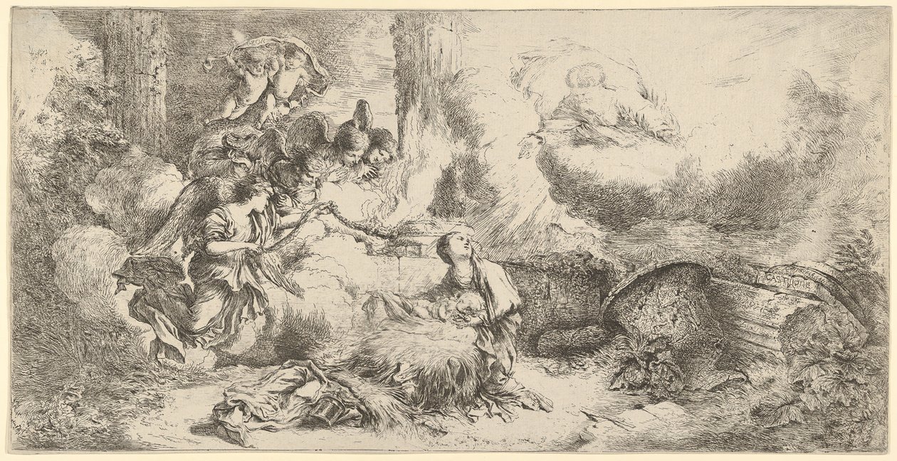 Fødsel med Gud Faderen og engler, ca. 1647-50. av Giovanni Benedetto Castiglione