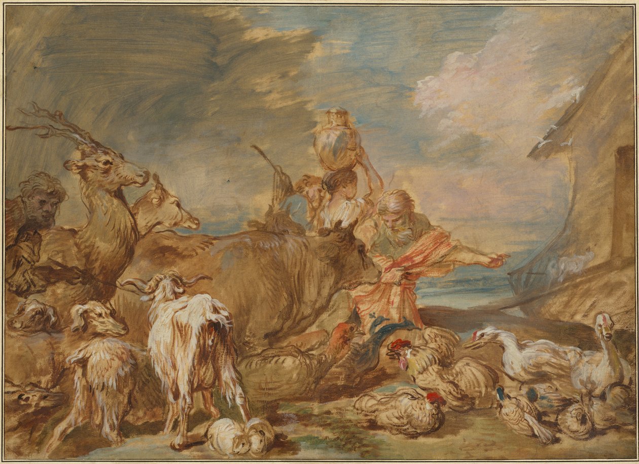 Noah som leder dyrene inn i arken av Giovanni Benedetto Castiglione