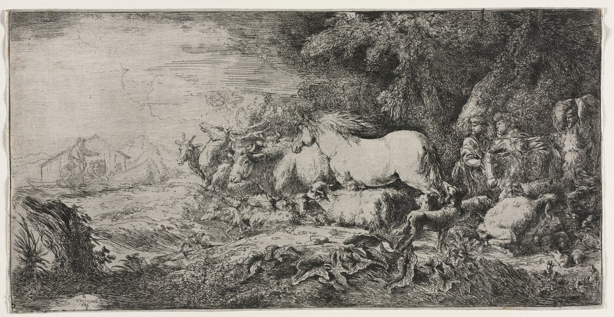 Noah og dyrene som går inn i arken, 1650-1655. av Giovanni Benedetto Castiglione