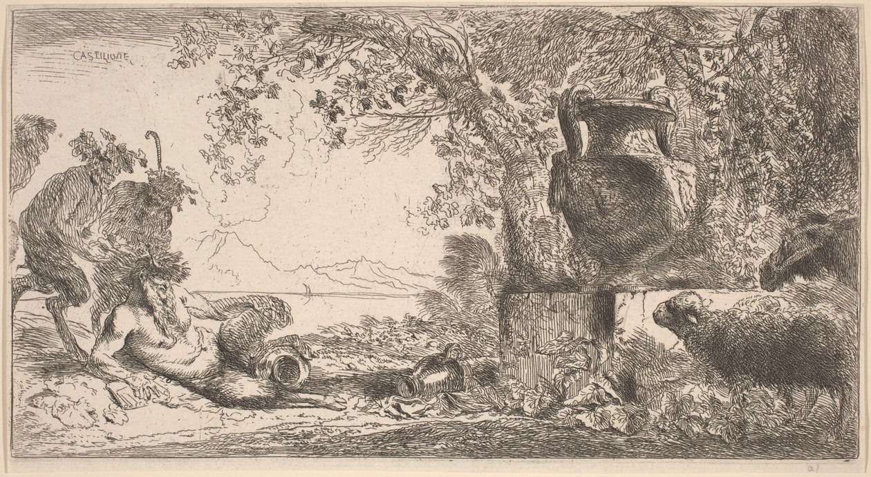 Pan liggende foran en stor vase av Giovanni Benedetto Castiglione