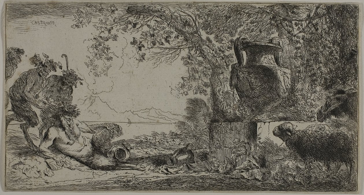 Pan liggende foran en stor vase av Giovanni Benedetto Castiglione