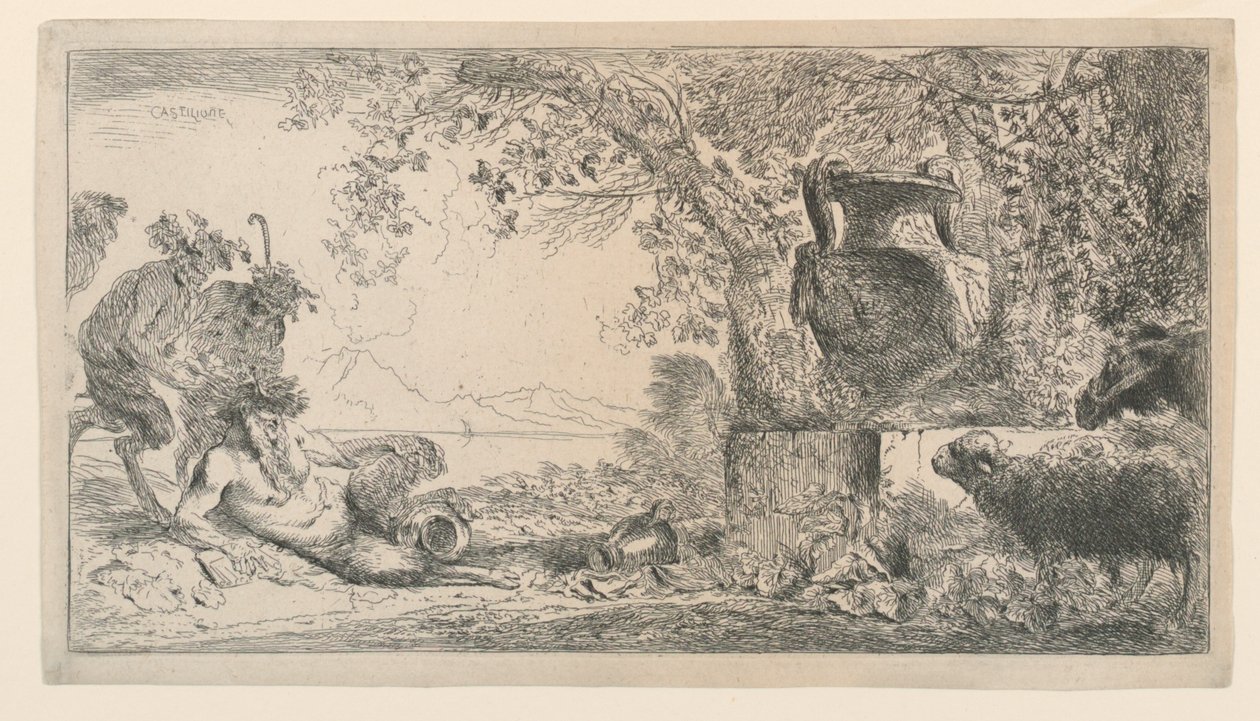 Pan sitter overfor en vase av Giovanni Benedetto Castiglione