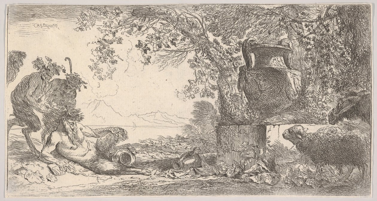 Pan liggende til venstre med to stående satyrer, en stor vase på en sokkel til høyre, ca. 1645. av Giovanni Benedetto Castiglione
