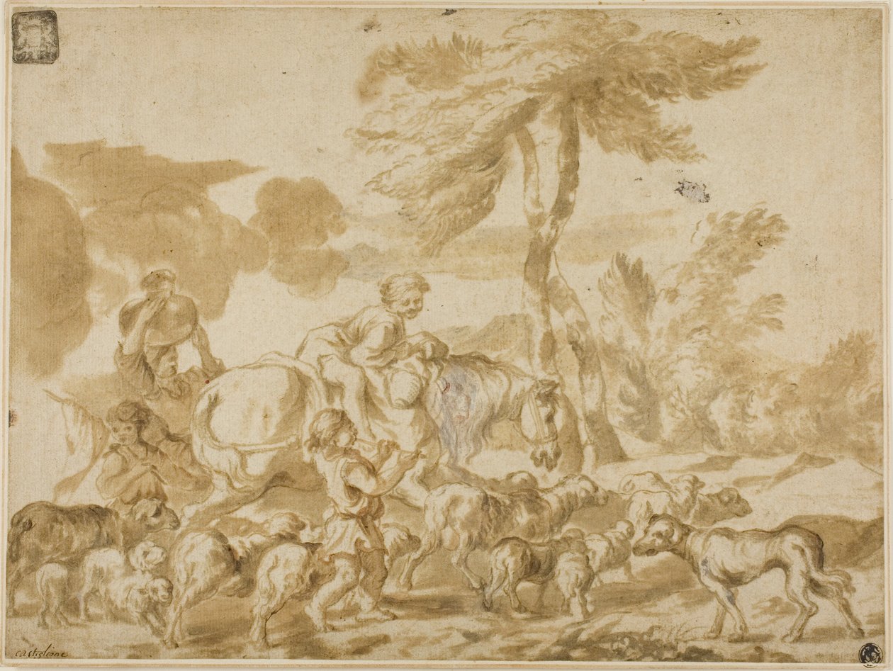Bondefamilie med sau og hund av Giovanni Benedetto Castiglione
