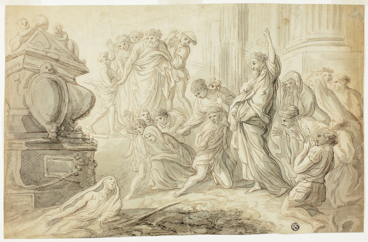 Oppdra av Lasarus (recto); Reisende med handlevogn Outside Inn (verso) av Giovanni Benedetto Castiglione