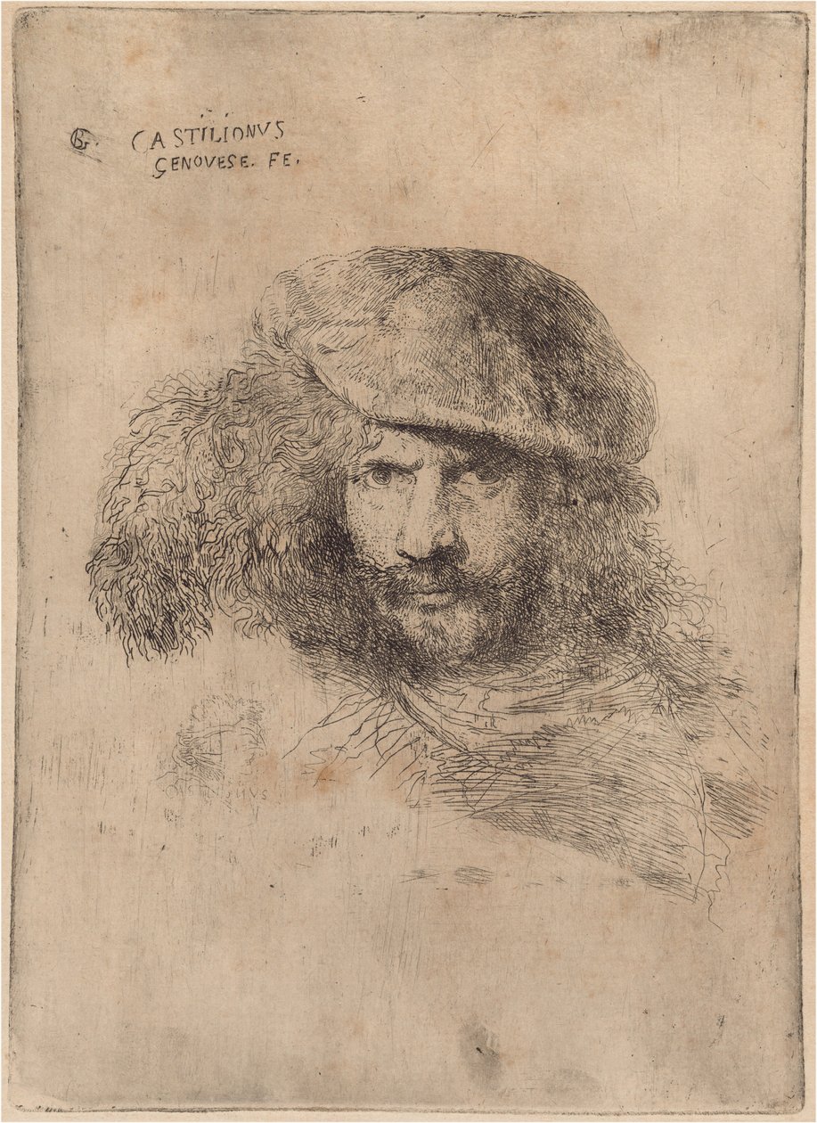 Selvportrett(?), Iført en plymet caps ["Portrett av Bernini"] av Giovanni Benedetto Castiglione