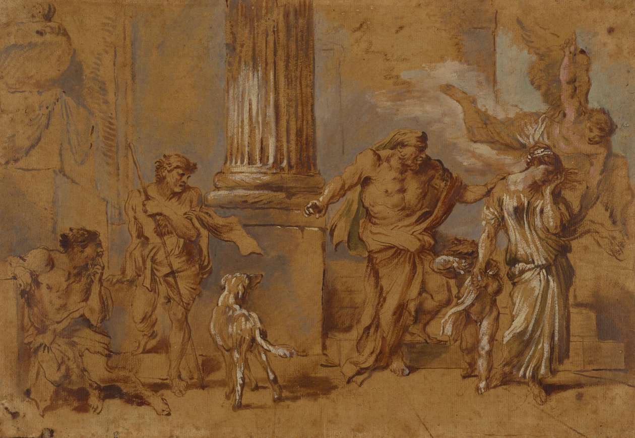 The Expulsion of Hagar, ca. 1640 (rød-brun, blå-grønn og hvit oljemaling og pensel på brunt papir) av Giovanni Benedetto Castiglione