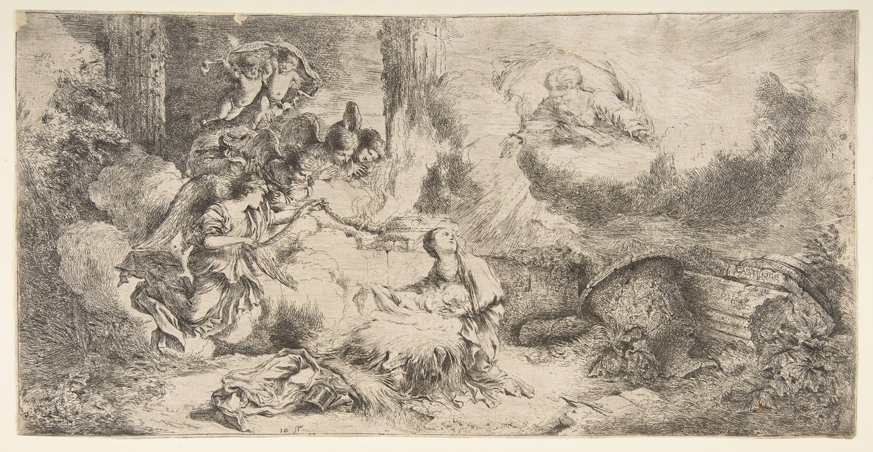 Jomfruen og barnet, Gud far øverst til høyre, engler til venstre, ca. 1647-50. av Giovanni Benedetto Castiglione