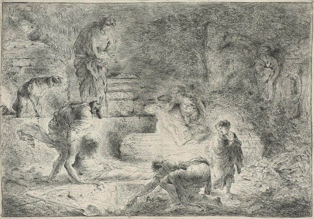 Tobit begraver de døde, ca. 1647-51 av Giovanni Benedetto Castiglione