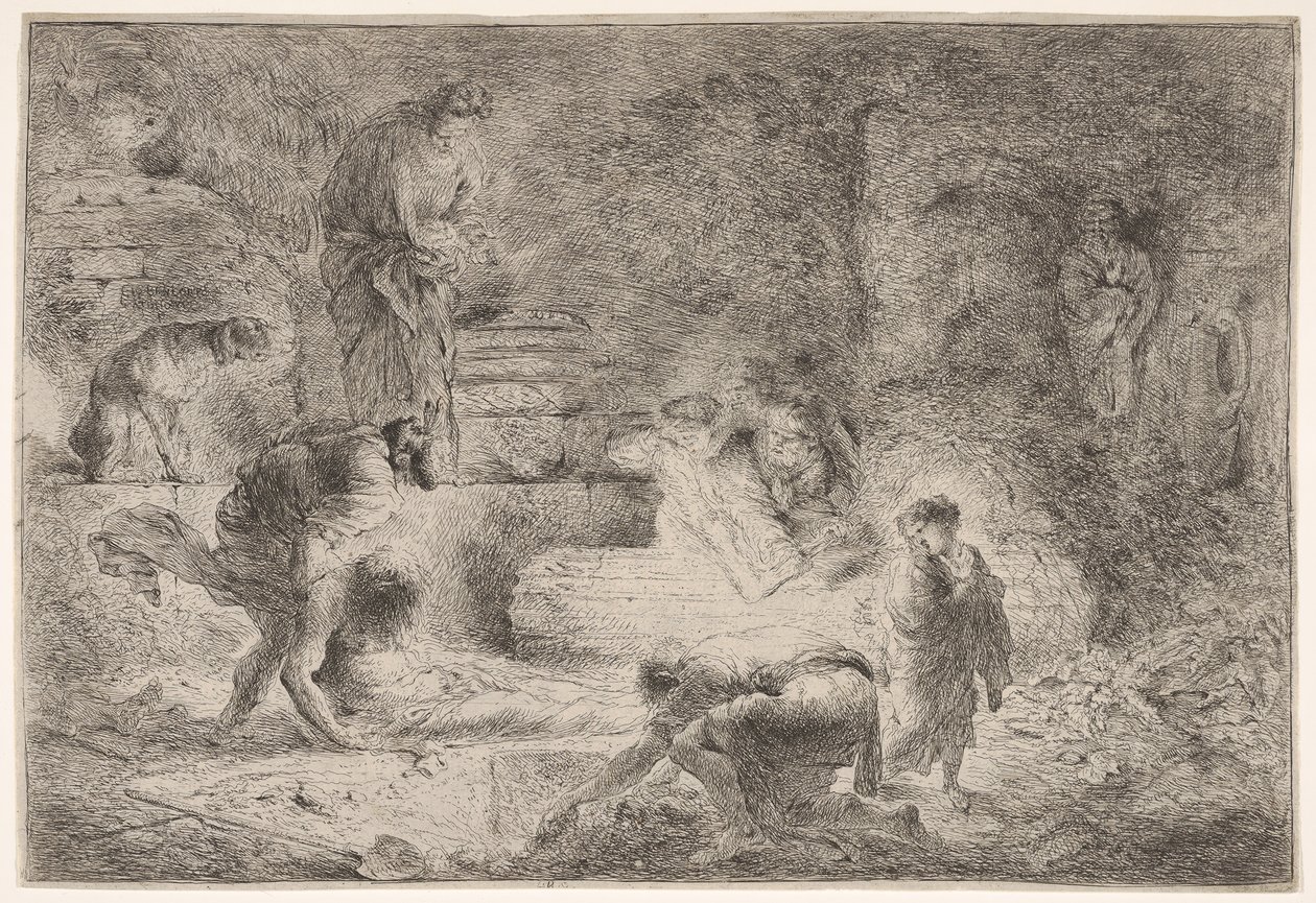 Tobit begraver de døde, ca. 1647-51. av Giovanni Benedetto Castiglione