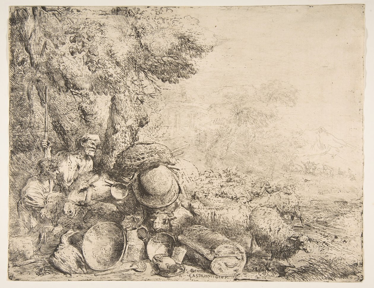 To gjetere, et esel og andre dyr i et landskap, ca. 1638-1640. av Giovanni Benedetto Castiglione