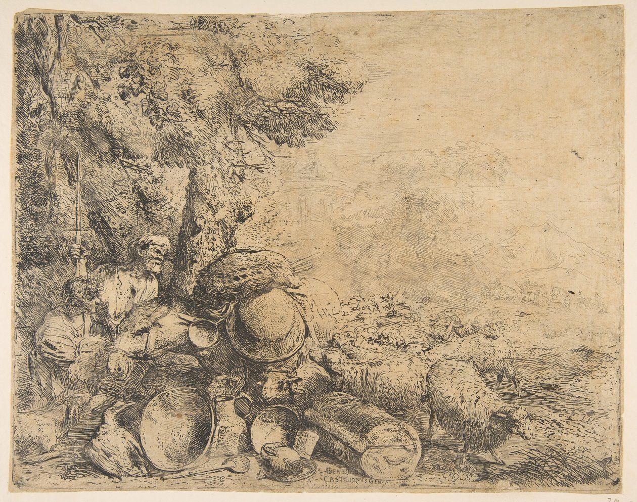 To gjetere, et esel og andre dyr i et landskap, ca. 1638-1640. av Giovanni Benedetto Castiglione