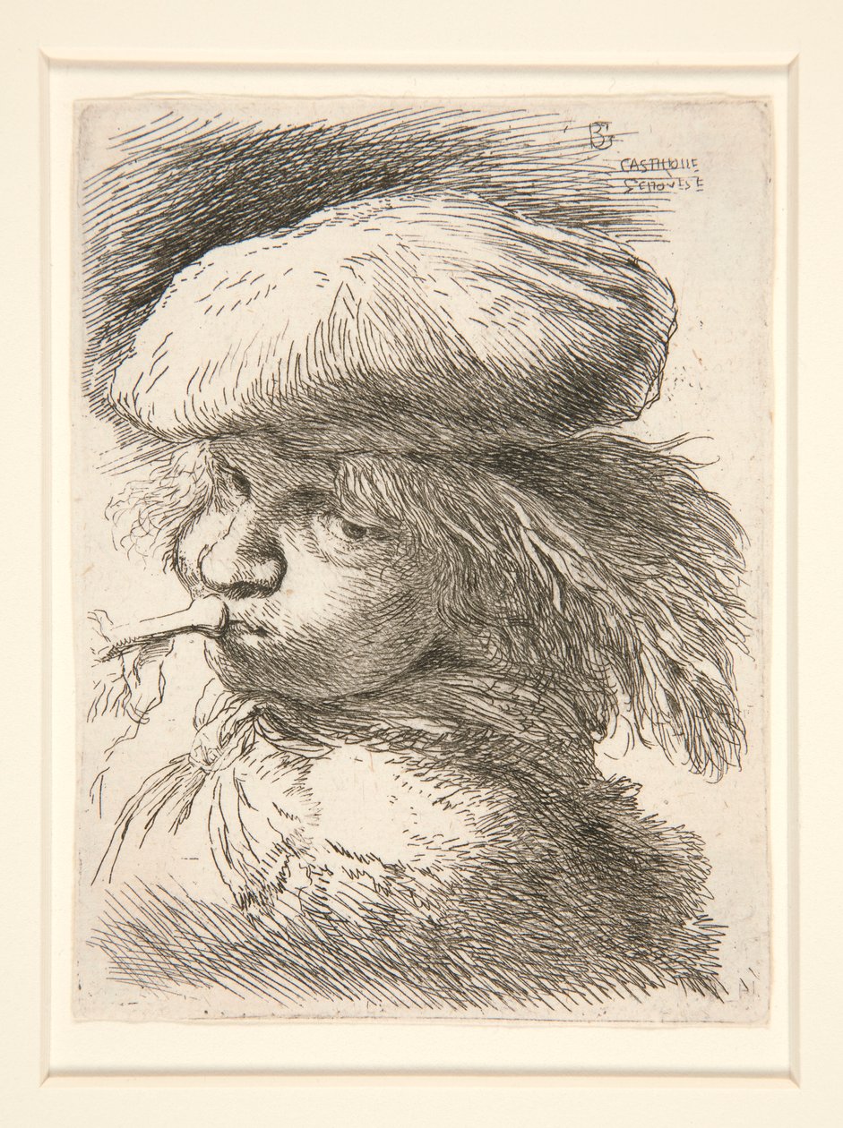 Young Man Blowing Trumpet, fra serien Les petites tetes d av Giovanni Benedetto Castiglione