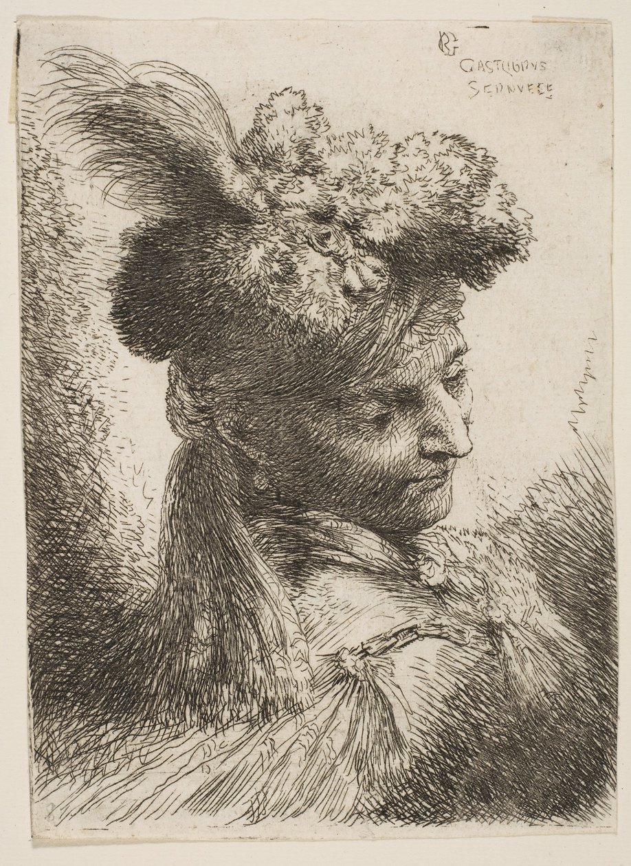 Ung mann vendt mot tre kvarter til høyre iført en pelshodeplagg med en sky, juvel ..., ca. 1645-1650. av Giovanni Benedetto Castiglione