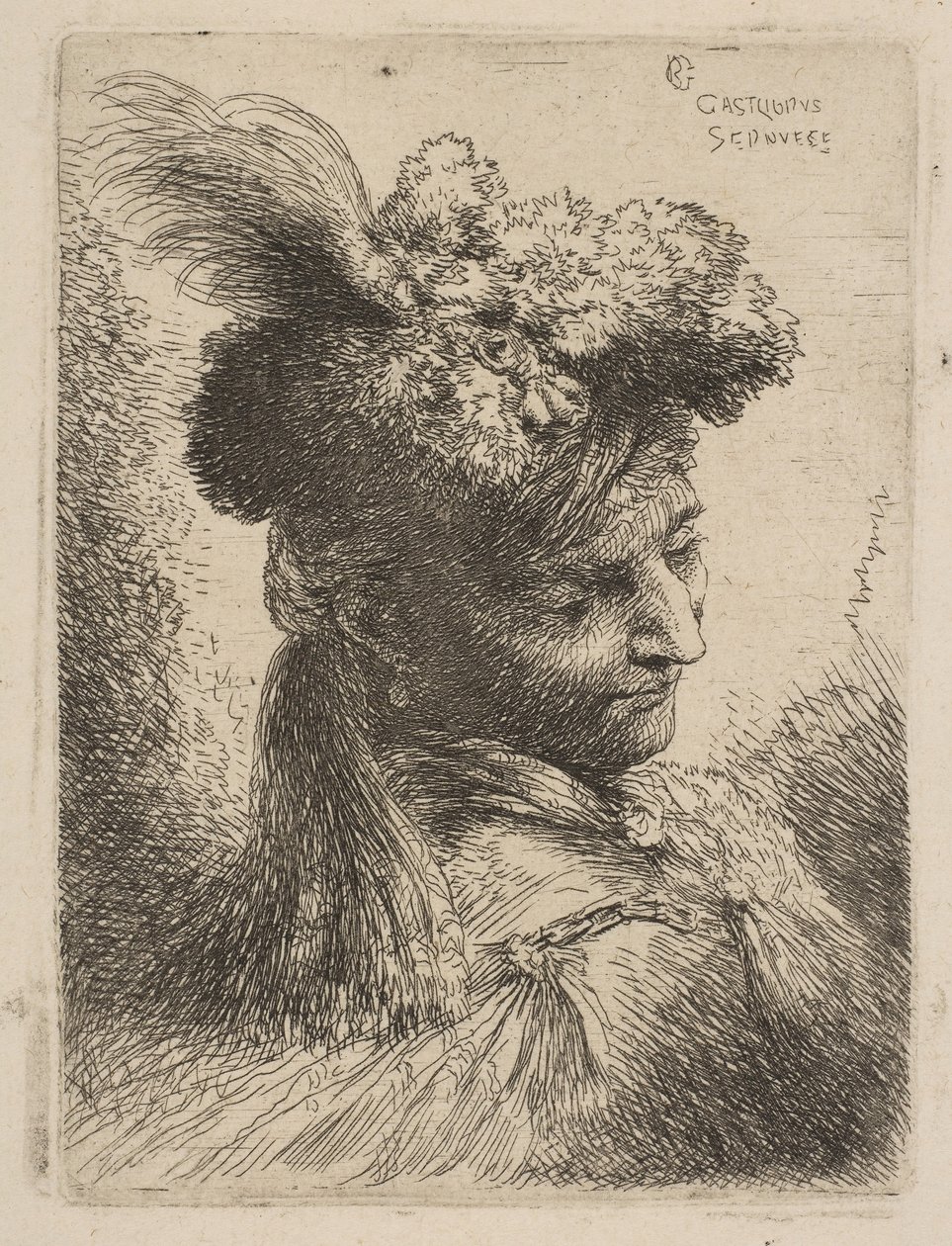 Ung mann vendt mot tre kvarter til høyre iført en pelshodeplagg med en sky, juvel og..., ca. 1645-50. av Giovanni Benedetto Castiglione
