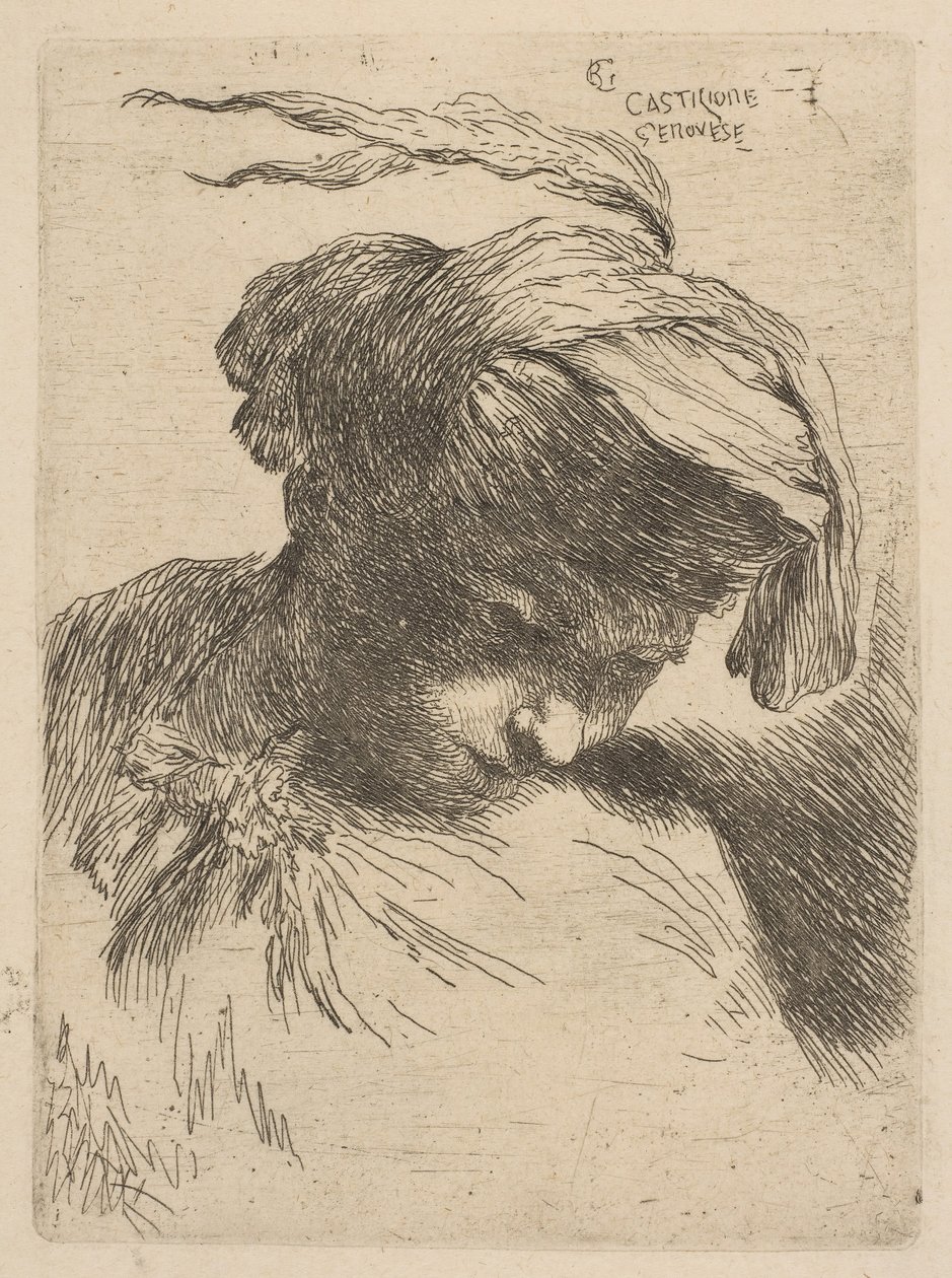 Ung mann ser ned til høyre, fra serien med små hoder i Oriental Headdr..., ca. 1645-50. av Giovanni Benedetto Castiglione