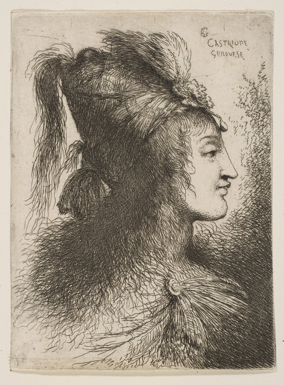 Ung mann iført en plymert turban, vendt mot høyre, fra serien med små hoder ..., ca. 1645-1650. av Giovanni Benedetto Castiglione
