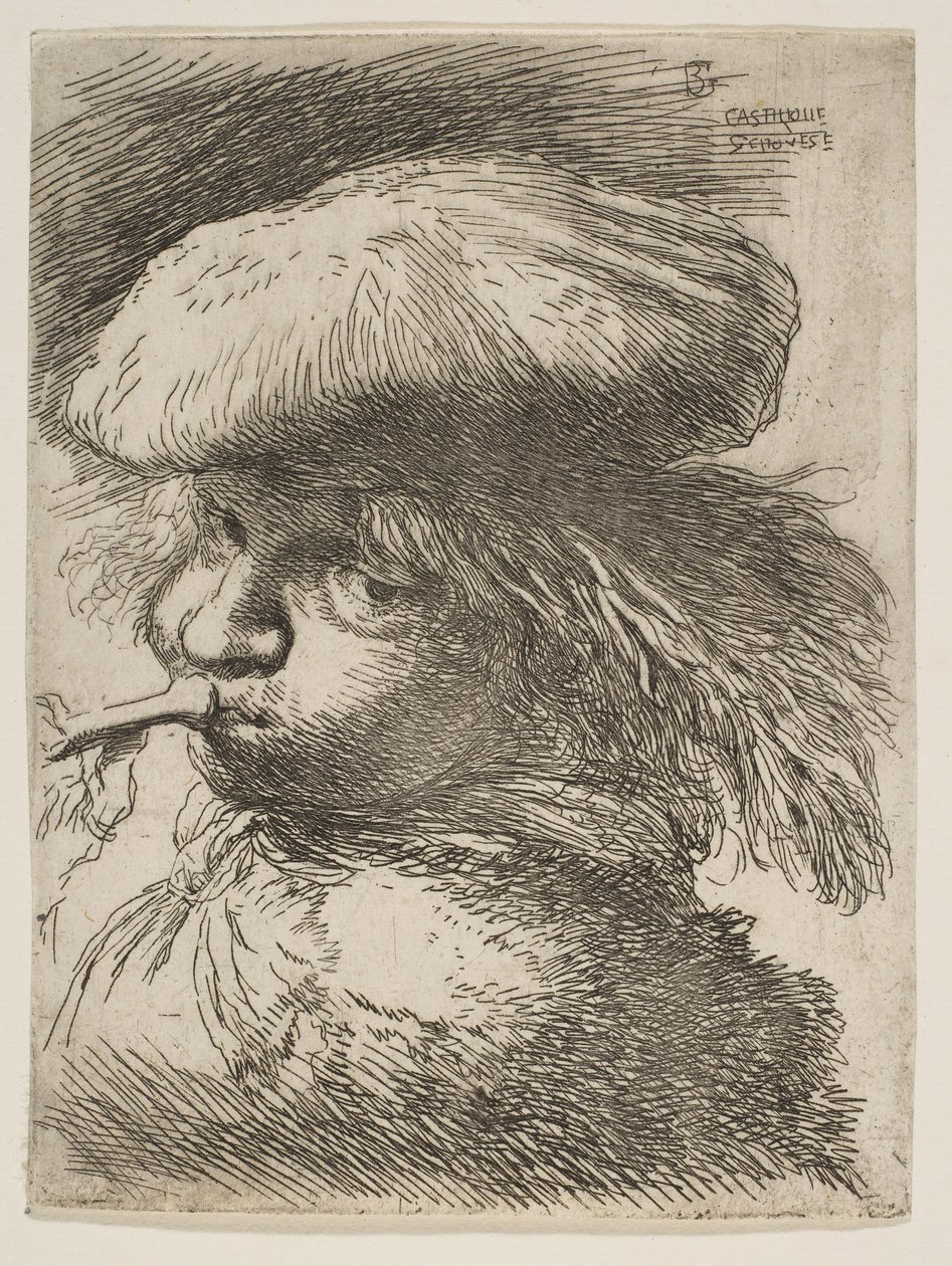 Ung mann med en trompet vendt mot venstre, fra serien Small Heads in Oriental..., ca. 1645-1650. av Giovanni Benedetto Castiglione