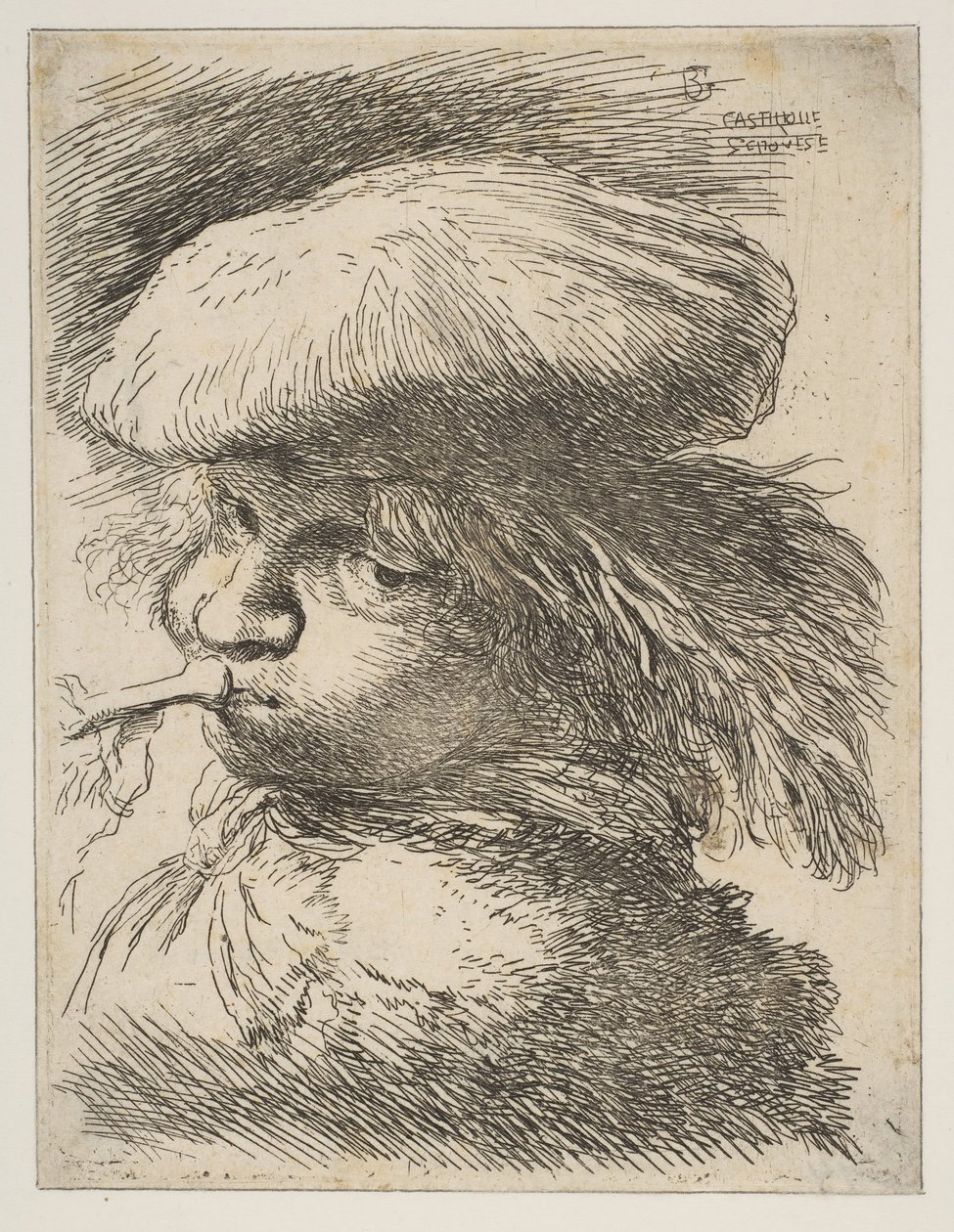 Ung mann med en trompet vendt mot venstre, fra serien Small Heads in Oriental..., ca. 1645-1650. av Giovanni Benedetto Castiglione