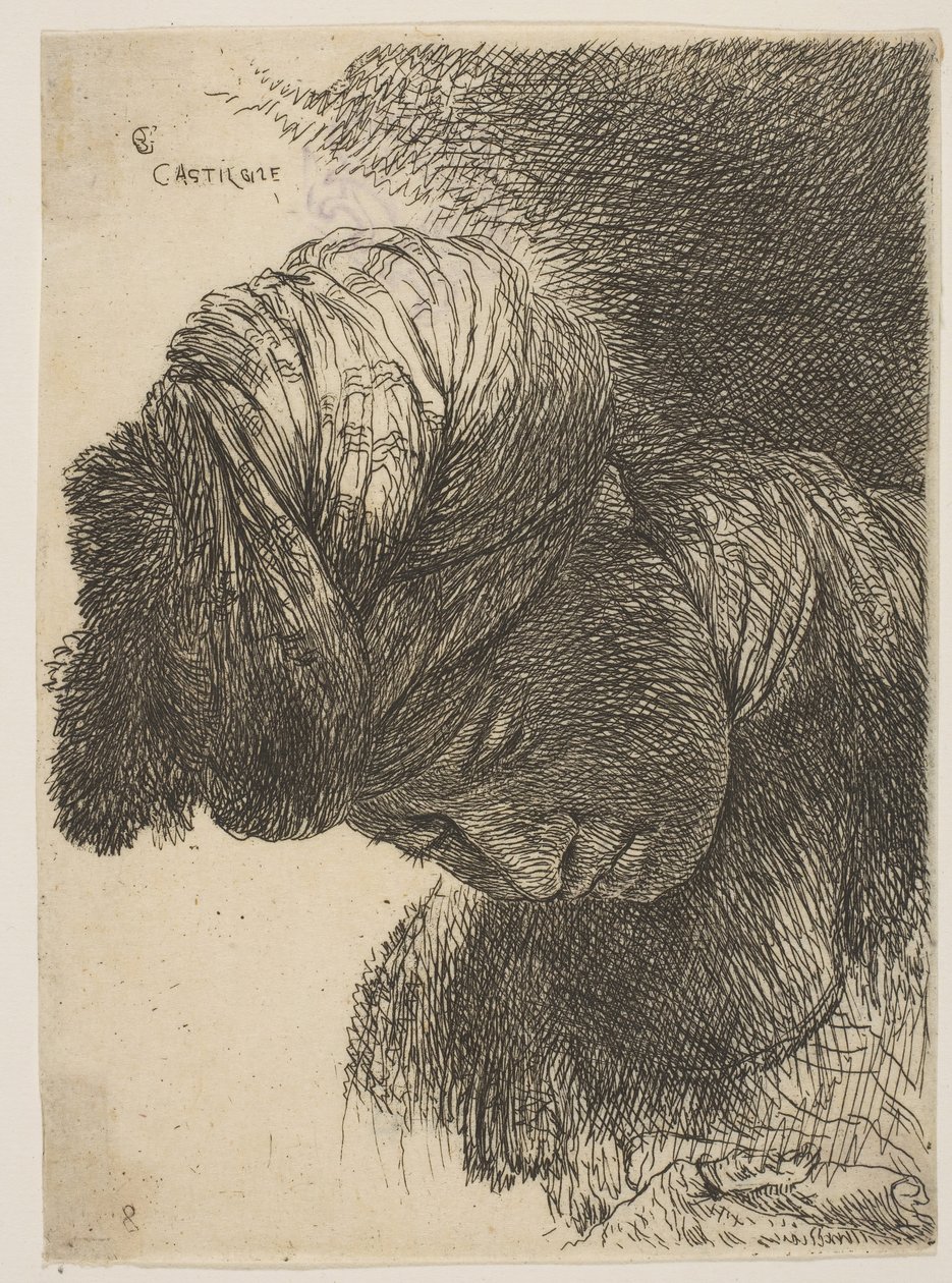 Ung mann med senket hode, iført turban, vendt mot venstre, fra serien o..., ca. 1645-1650. av Giovanni Benedetto Castiglione