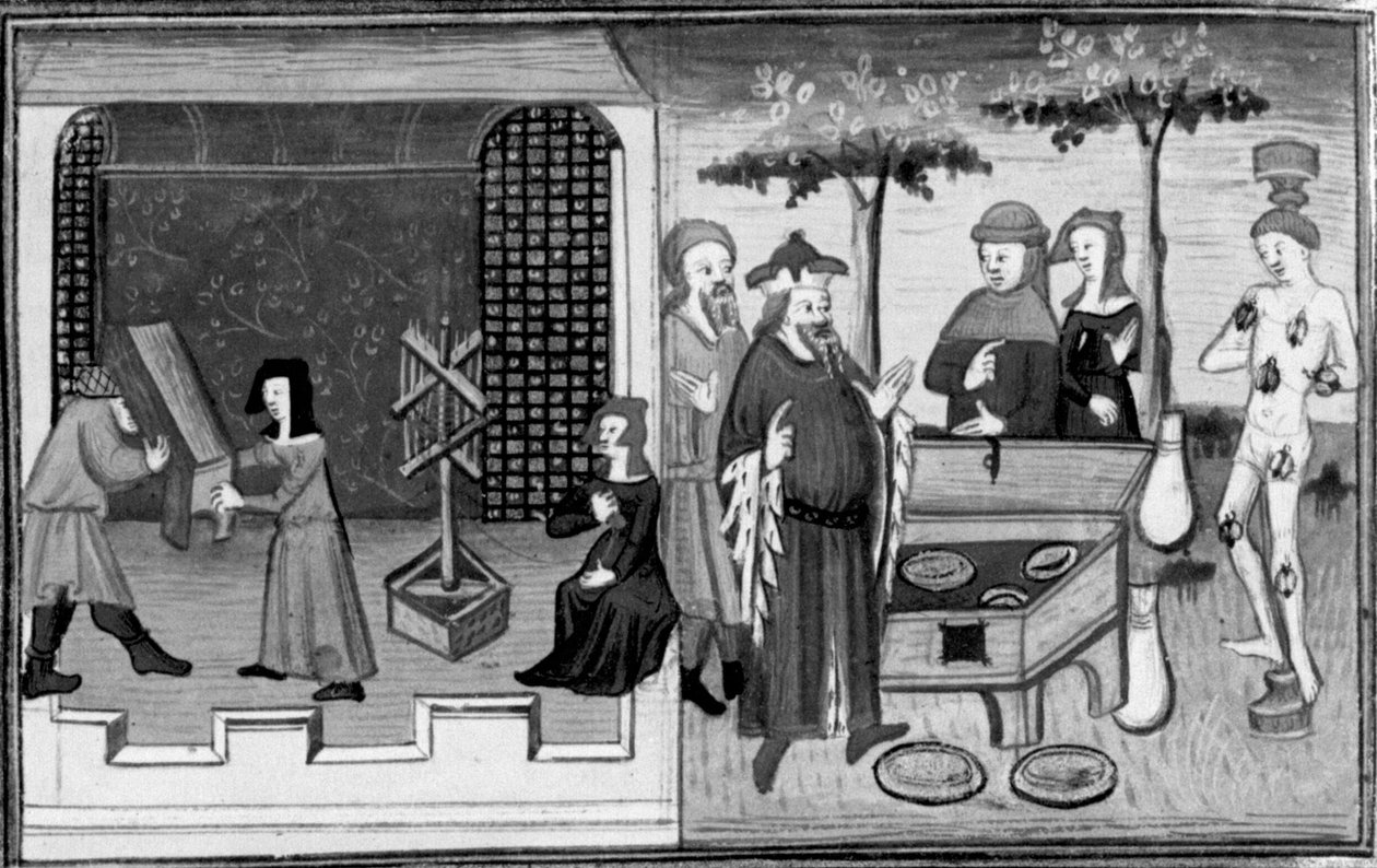 Decameron, Ambrogiuolo blir båret til Bernabòs hus i en kasse; Ambrogiuolo blir straffet for bedraget sitt. Andre dag, nyheter 9 av Giovanni Boccaccio