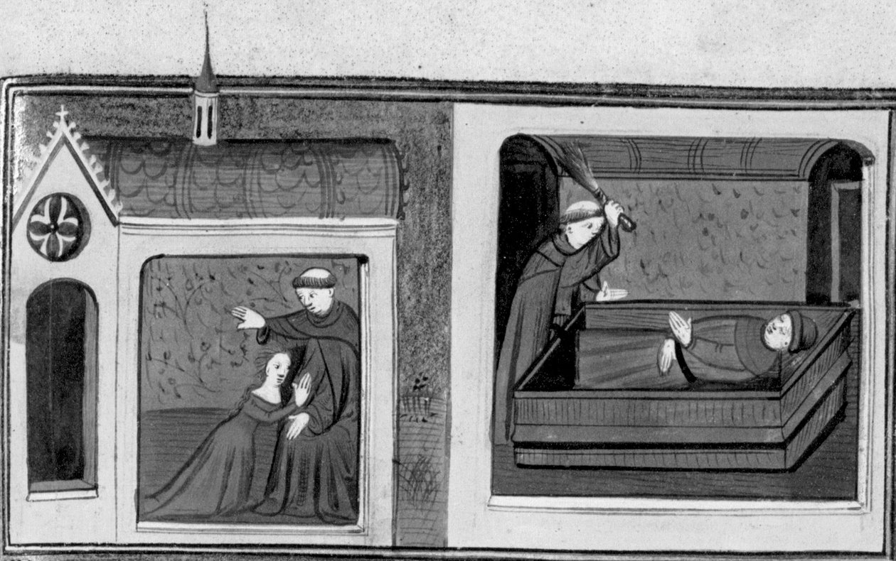 Decameron, Ferondos kone, tilstår overfor abbeden; abbeden straffer Ferondo. Tredje dag, novelle 8 av Giovanni Boccaccio
