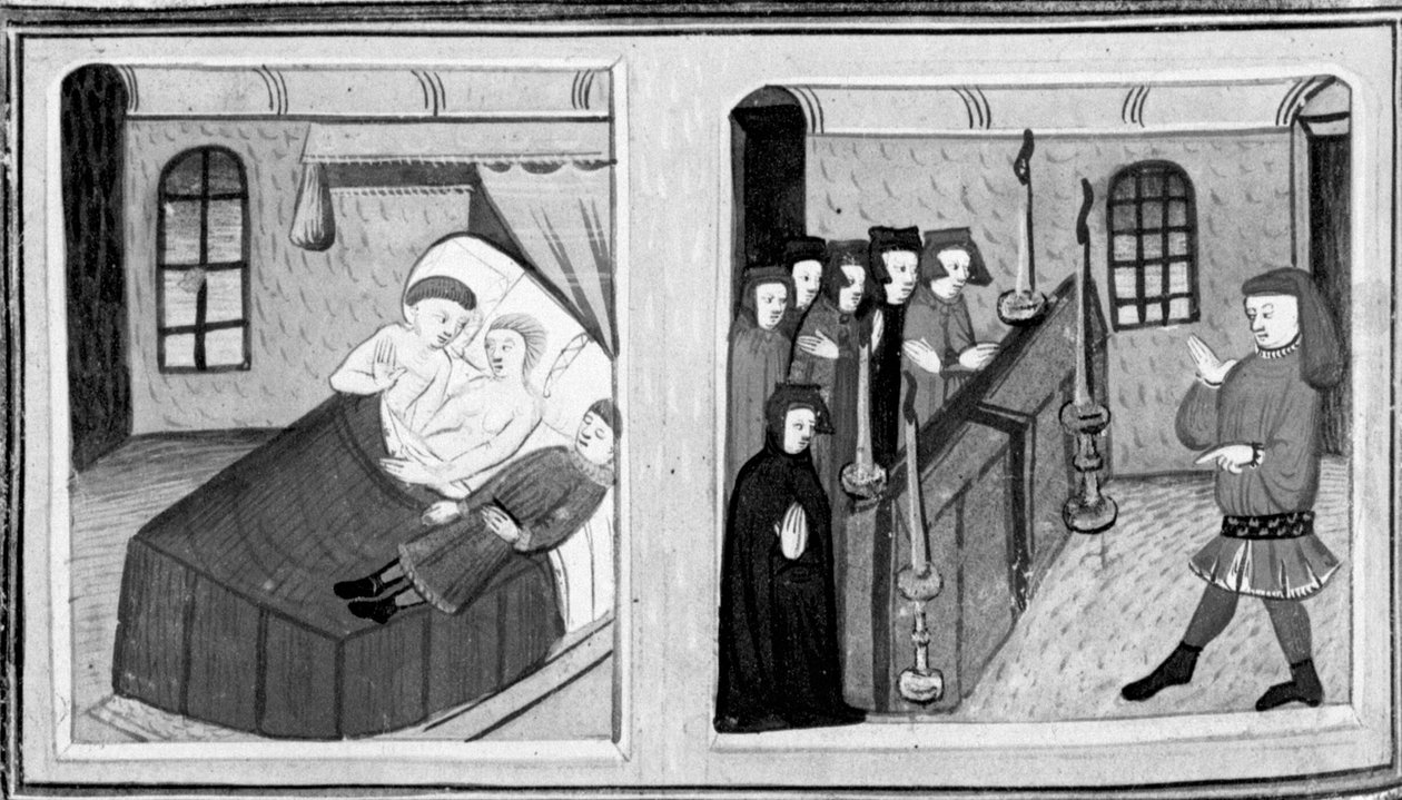 Decameron, Lorenzo blir drept av Lisabettas brødre; Lisabetta gjemmer hodet til sin elskede i en vase. Fjerde dag, novelle 8 av Giovanni Boccaccio