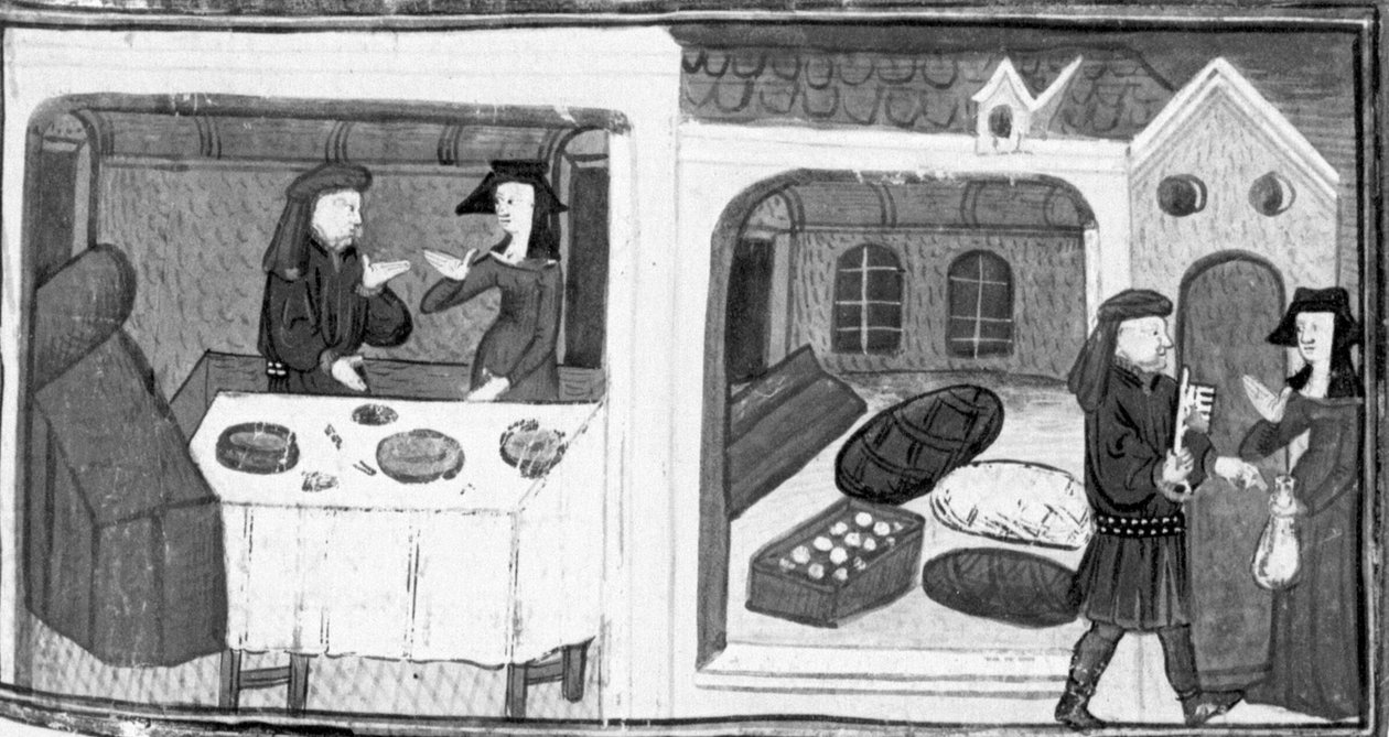 Decameron, Salabaetto sitter ved bordet med Iancofiore; Salabaetto får nøkkelen til lageret. Åttende dag, novelle 10 av Giovanni Boccaccio