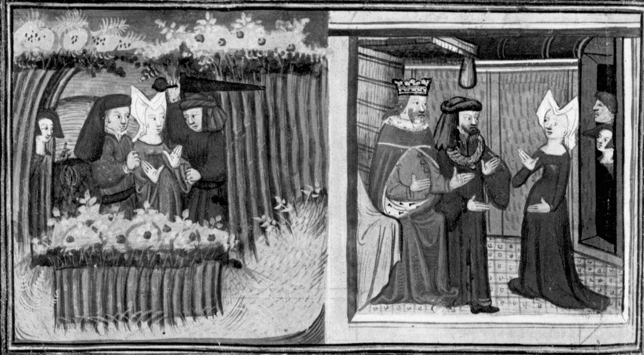 Dekameron, En kvinne blir angrepet på Kypros; kvinnen får audiens hos kongen. Første dag, historie 9. av Giovanni Boccaccio