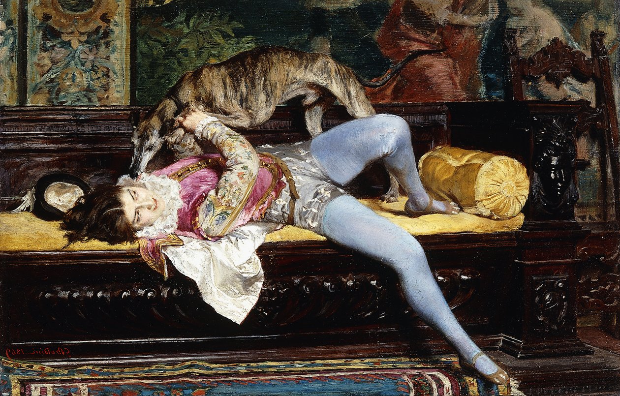 En ung side, leker med en greyhound; A Young Page, Playing with a Greyhound, 1869 av Giovanni Boldini
