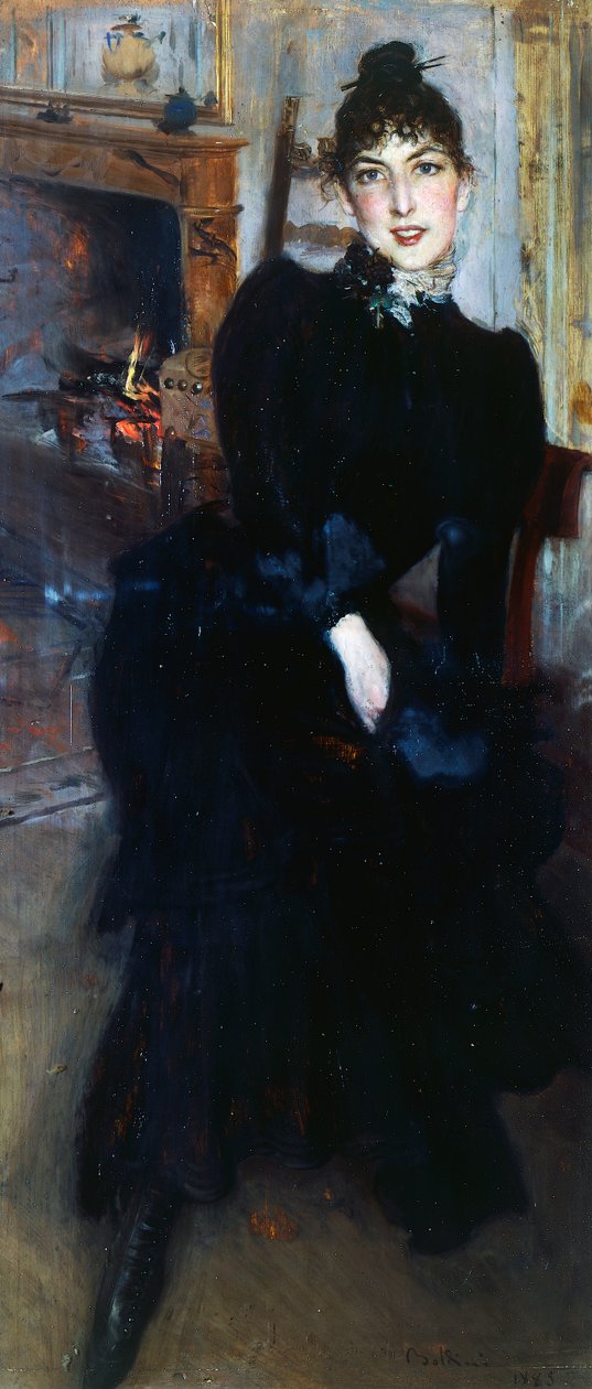 Alaide Banti ved peisen (olje på panel) av Giovanni Boldini